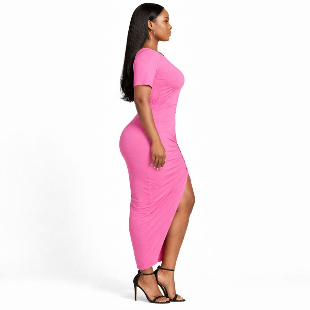 Pink Fitted Midi Dress with Side Button Detail